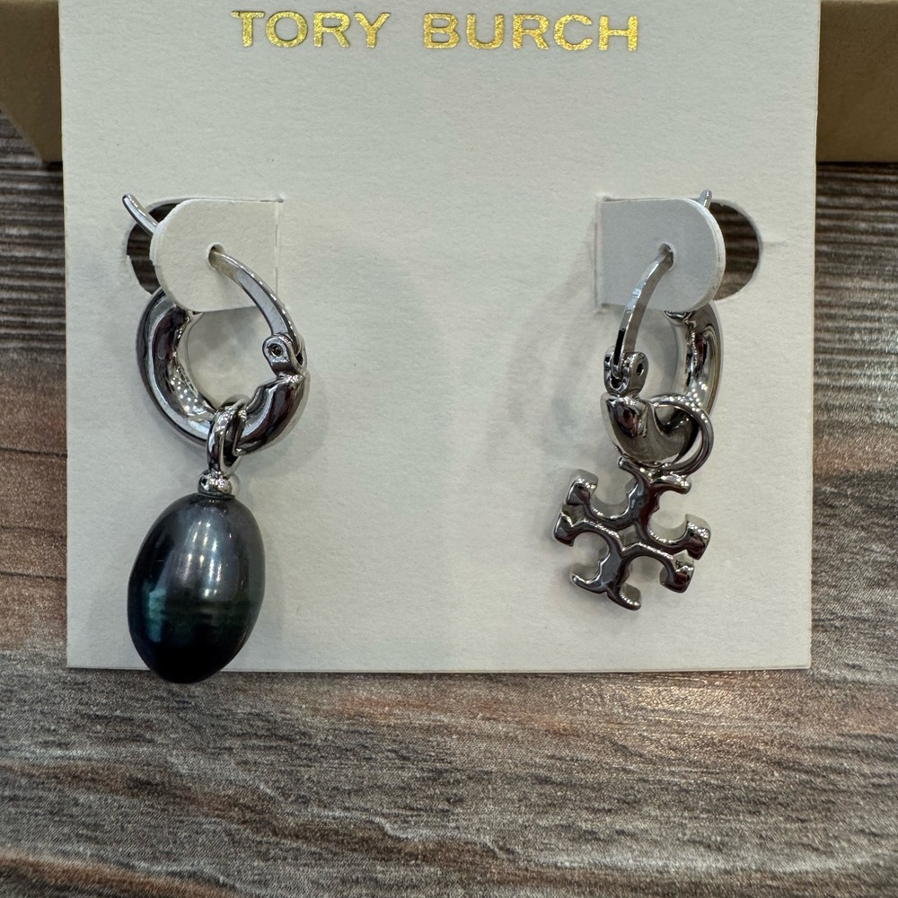 Tory Burch Silver Earrings with Pearl charm and Tory charm